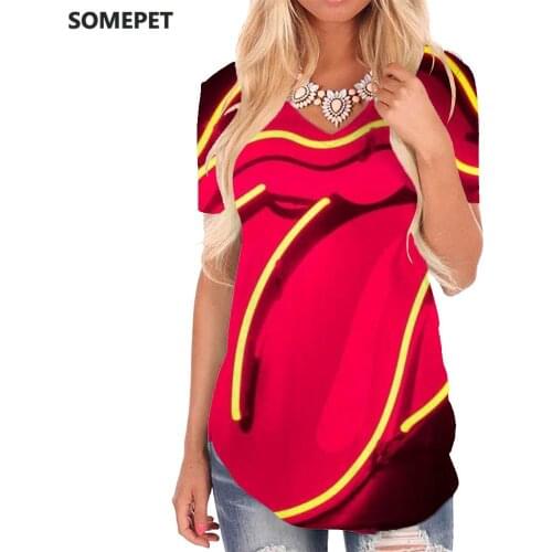 SOMEPET Lips T-shirt women Graffiti Shirt Print Harajuku Funny T shirts Sexy V-neck Tshirt Womens Clothing Summer Printed New