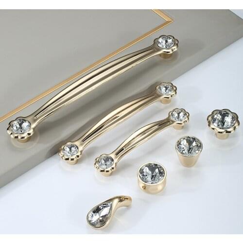 KK&FING European Diamond Crystal Handle Bright Gold Flower Type Zinc Alloy Kitchen Cabinet Handles Cupboard Door Pulls Hardware