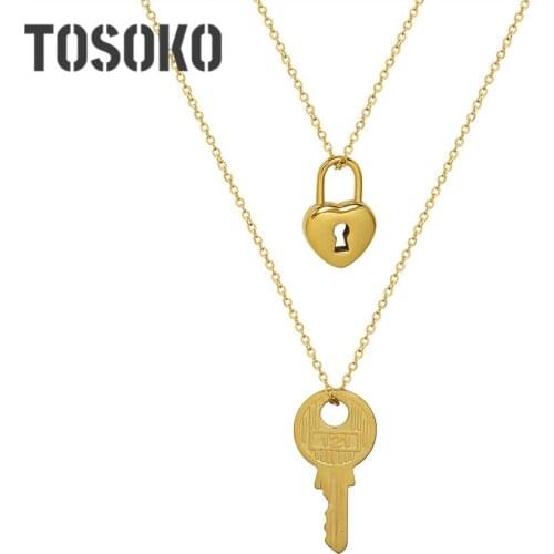 TOSOKO Stainless Steel Jewelry Key Lock Pendant Necklace 18 K Gold Colour Chain Lovers Necklace Set BSP1097-8