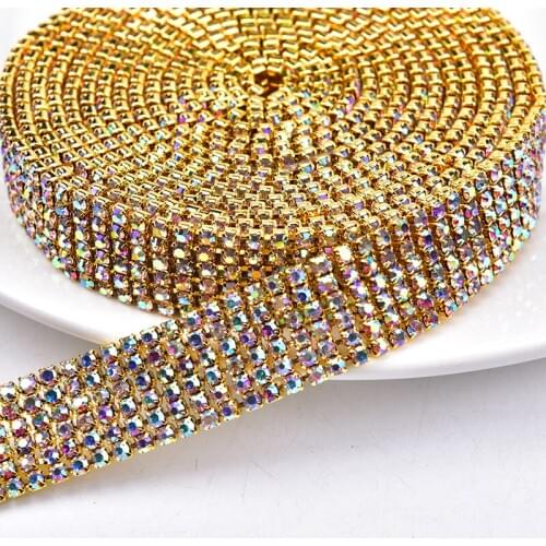 10yard Glass Crystal Rhinestones Trim 6/8 Rows Clear Super Close Diamante Rhinestone Cake Banding Applique Silver Gold Base SS12