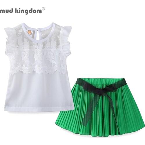 Mudkingdom Girls Outfits Cute Lace Ribbon Short Sleeve Summer Pleated Skirt Set
