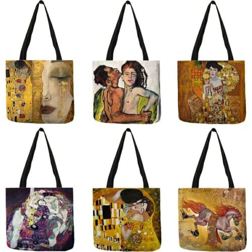 Customized Oil Painting Tears Linen Cloth Tote Bags For Women Gustav Klimt Ladise Fashion Handbag Large Capacity Shopping Totes