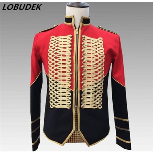 England Style Mens Court Clothes Trendy Epaulet Black-red Stitching Military Uniform Jacket Rock Singer Nightclub Stage Costume