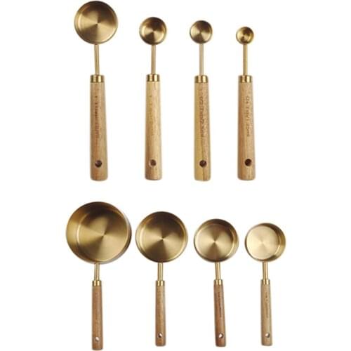 2 Set Measuring Spoons Set Wood Handle Stainless Steel Measuring Scoop Baking Tool Kit Kitchen Accessories,1 & 2