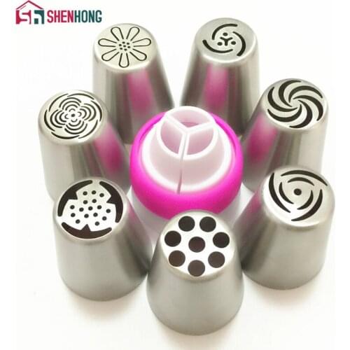 7PCS Russian Decorating Tips Tulip Icing Piping Nozzle + 1 Adaptor Converter Pastry Wedding Cake Cupcake Decoration Baking Tool