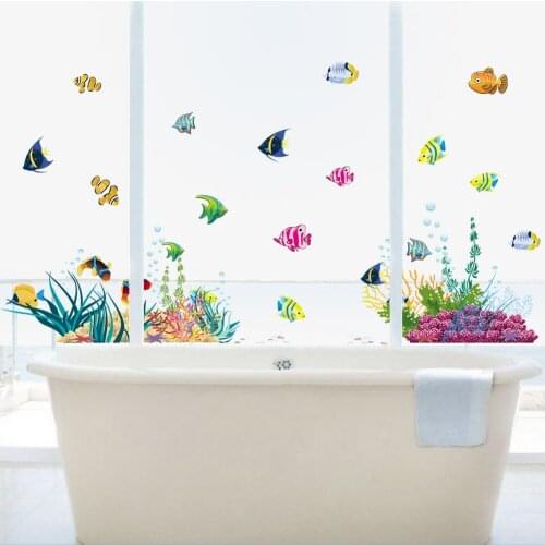 Underwater World Wall Sticker Home Decor Kids Room Bathroom Wall Decals Colorful Coral Fish Glass Window Wallpaper Wall Poster