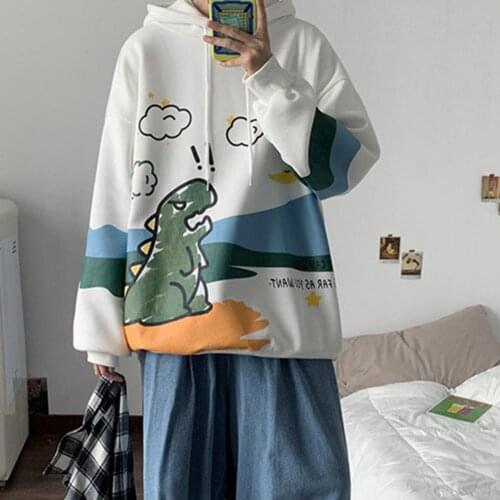 Winter Casual Cartoon Dinosaur Print Pullover Long Sleeve Fashion Men Vintage Casual Punk Hooded Sweatshirt