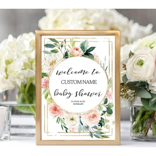 Blush Floral Baby Shower Welcome Sign Personalized Canvas Painting , Custom Date and Name Prints Baby Shower Party Decoration