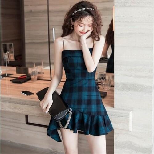 Sexy dress for sex night spaghetti plaid green dress night dress women retro sleeveless irregular dresses