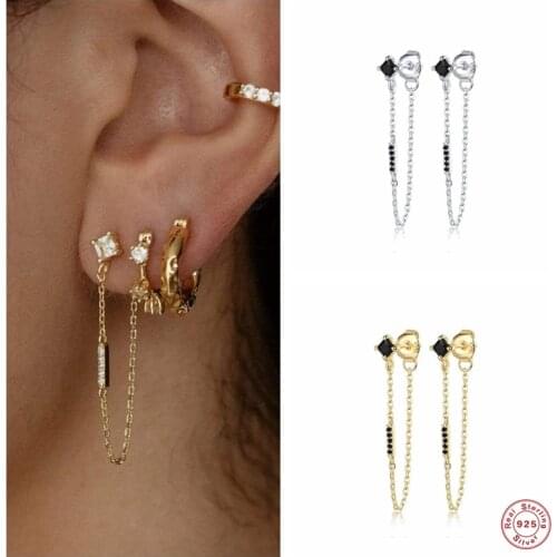 Aide 925 Sterling Silver Gold Long Chain Tassel Stud Earrings Piercing Line Pendiente Zircon Earring European Jewelry For Women