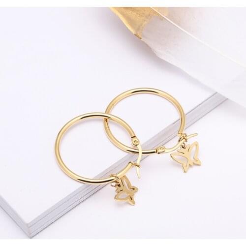 KSRA Stainless Steel Geometric Circle Hoop Earrings For Women Heart Butterfly Key Helm Round Shape Huggie Hoops Earrings