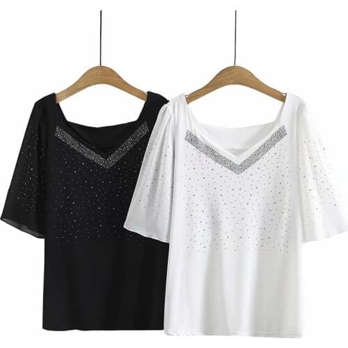 Plus Size T-Shirt Neckline Hot Diamond Decoration Short Sleeve Knitted Cotton Stretch Fabric Large Size Summer Dress For Fatlady