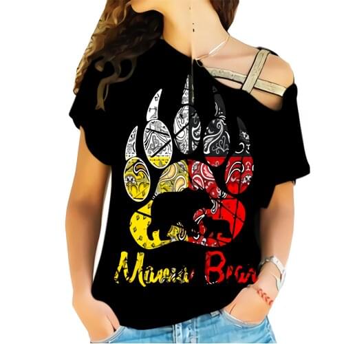 Womens Over Print Cross Shoulder Shirt Bear Paw Native Cross Short Sleeve Off-Shoulder Shirts Casual One-Shoulder Shirt Top Tee