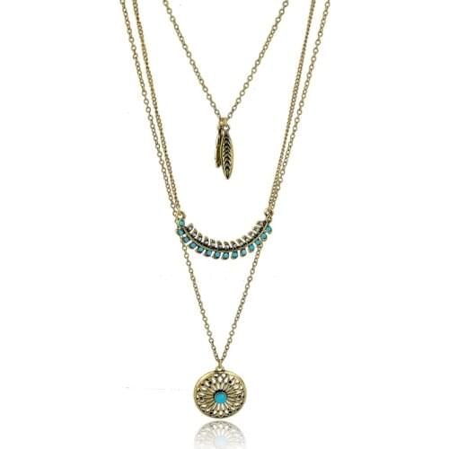 MELIHE Female 2019 Gold Necklaces & Pendants Vintage Sun Flower Blue Beads Multi Layer Necklaces For Women Long Chain SNE150881