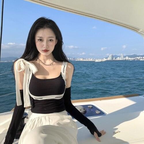 LadiesLace Up Crop Tops Women Summer Stretch Fitted Tank Top Camisole Sexy Club Letter Print Tops Tight Blackless Clothes