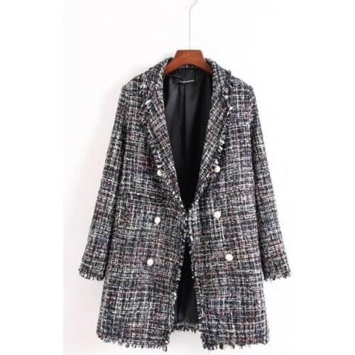 Women blazer european style notched single breasted long jacket blazer coat pearl button decoration women blazer casual outwear