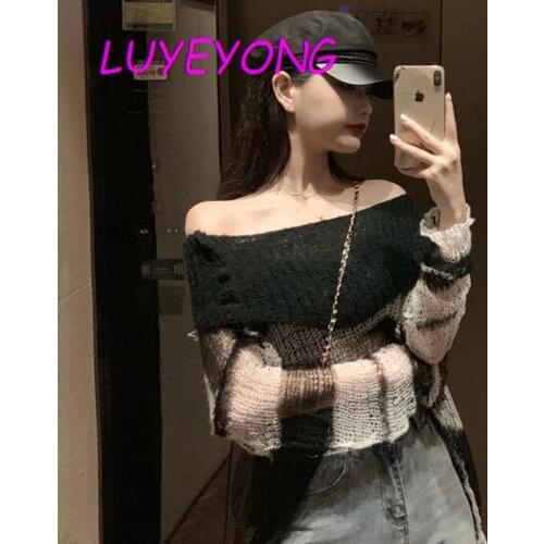 Punk Loose Women Pullover Long Sweater Hole Cool Top Slash Neck Jumpers Transparent New Gothic Thin Striped Hollow Out 2020 Lady