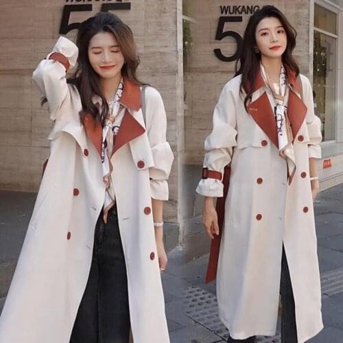 2021 Spring/Autumn Oversize WomenS Stitching Contrast Color Long Trench Coat Woman Korean Double Breasted Loose Overcoat Jacket