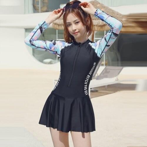 Korean Rashguard Women Dress One Piece Long Sleeve Swimwear with Skirt Surfing Rash Guard UV Protection Full Woman Swimsuits