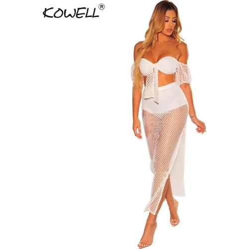 2019 Summer Fishnet Knit Sexy Two Piece Set Women Off Shoulder Crop Top and Maxi Skirt Matching Sets Summer Outfits Beach Dress