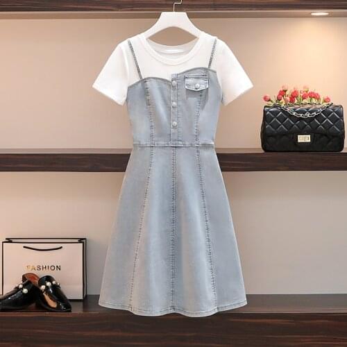 M-4XL plus size women vintage Patchwork Summer denim dresses 2021 short sleeve o neck button slim mini casual Summer dress