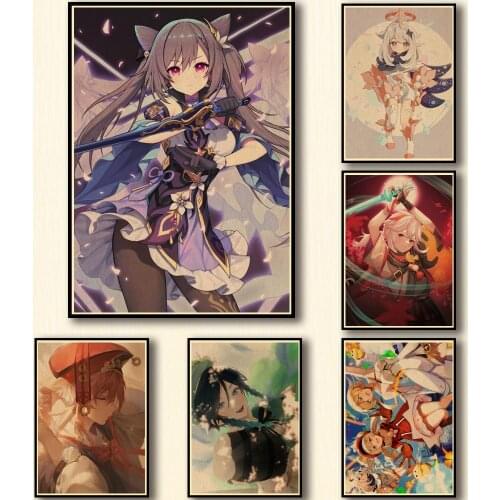 50 Designs Anime Genshin Impact Kraftpaper Poster Artwork Fancy Wall Sticker for Coffee House Bar VOL2