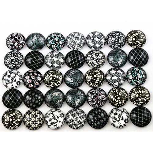 8mm-18mm Hot Sale 50pcs Black Flower Mixed Handmade Glass Cabochons Pattern Domed Jewelry Accessories Supplies