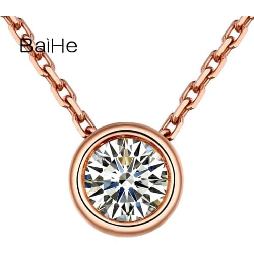 BAIHE Solid 18K White/Yellow/Rose Gold 0.10ct/0.18ct/0.20ct/0.25ct/0.30ct/0.35ct/0.40ct/0.45ct/0.50ct Round Necklace Women Man
