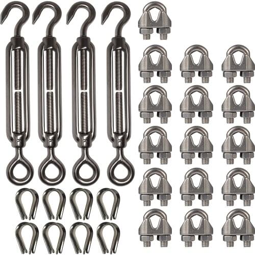 BMBY-4-Pcs Turnbuckle/Tension(Eye&Hook, M6), 16-Pcs 1/8 Inch Wire Rope Cable Clip/Clamp(M3), 8-Pcs Thimble(M3), Stainless Stee