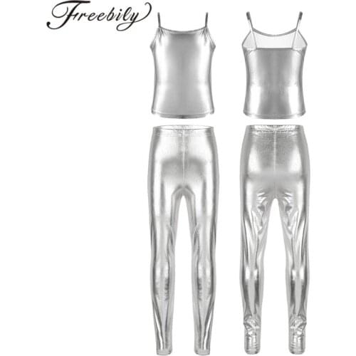 Kids Ballet Dance Wear Gymnastics Fitness Workout Jazz Dance Costume Girls Shiny Metallic Dance Camisole Tank Tops With Leggings