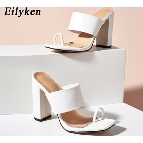 Eilyken 2021 Summer Womens Slides High Heels Fashion Design Cozy Clip toe Mules Slippers Square Head Ladies Outdoor Slip on Shoe