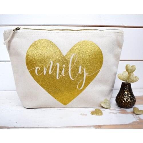 Personalize name heart wedding bride Bridesmaid Makeup Gift Make Up comestic Bags pouches Maid of Honour Christmas Birthday gift