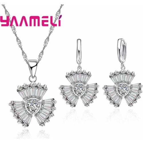 New Arrival Elegant 925 Silver Jewelry Fashion Geometry Shape Necklace Earrings Set Clear Austrian Crystal Women Gifts