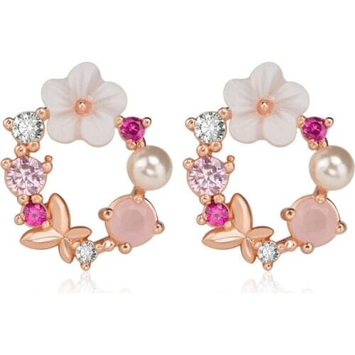 Twinkling Pink Clear Crystal Vivid Flower Simulated Pearl Bead Sweet Garland Stud Earrings For Women