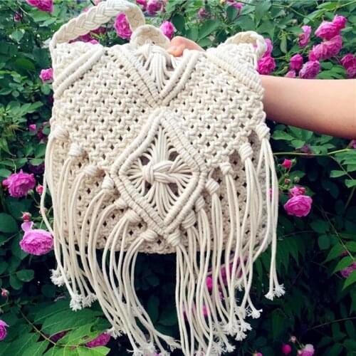 Fashion White Handmade Cotton Rope Hollow Out Woven Bag Fashion Tassel Bag Womens Handbag Straw Shoulder Bag Ladies