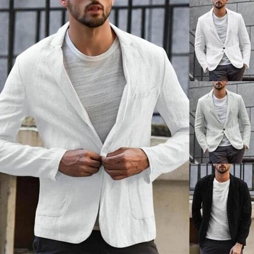 Men Spring Solid Color Long Sleeve Pockets Cotton Linen Slim Blazer Coat Jacket Coats Clothing Men Blazer Korean