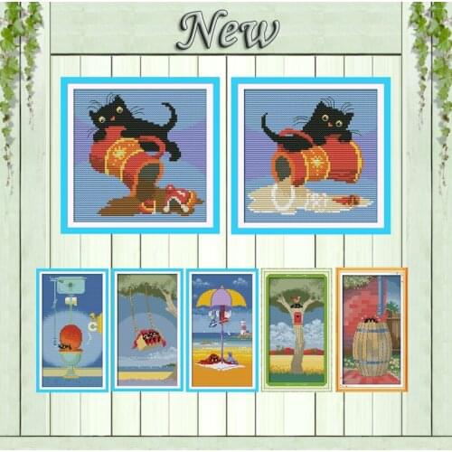 Black cat birds coffee decor painting counted print on canvas DMC 11CT 14CT Chinese Cross Stitch kits embroidery needlework Sets