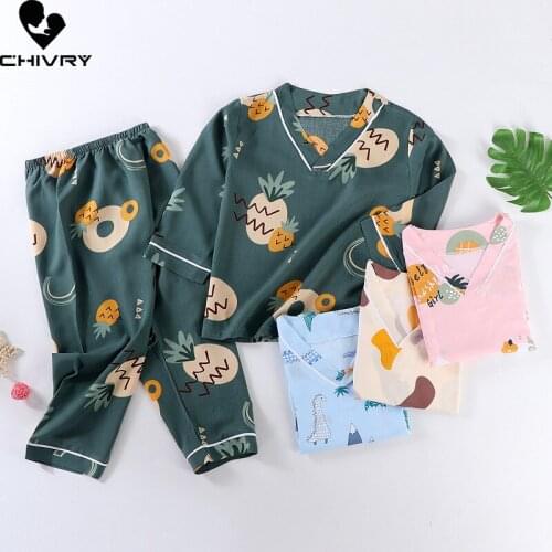 New 2021 Kids Boys Girls Summer Pajama Sets Cartoon Print Long Sleeve V-Neck T-Shirt Tops with Pants Baby Sleeping Clothing Set