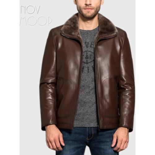 Novmoop High street men slim style moroon color lambskin genuine leather thick coat fur jacket leren jas heren LT2840