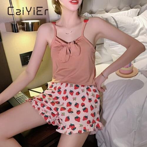 CAIYIER Sexy Nightwear Suit Summer Pajamas Women Casual Cute Strawberry Print Shorts Super Short Sling Sleepwear with Breast Pad