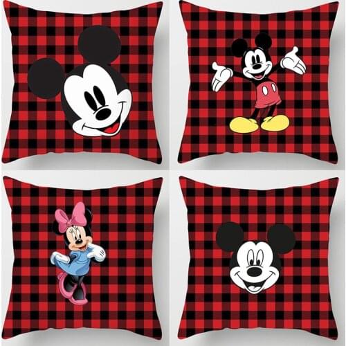 Disney 2020 New Cartoon Character Mickey Mouse Pillow Red Lattice Minnie Pillowcase Cushion Christmas Decorations for Home Gifts