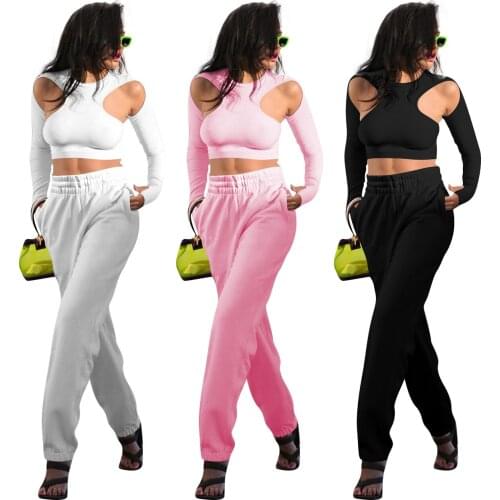 Casual Solid Sports wear Tracksuit Women Sexy Hollow Out O Neck Long Sleeve Crop Top + Sweat Pants Slim Two Piece Set Outfits