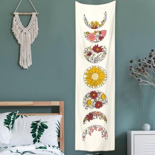 Psychedelic Moon Phase Tapestry White Flower Wall Hanging Moon Floral Throw Blanket Home Decor Wall Hanging Bohemian Decoration