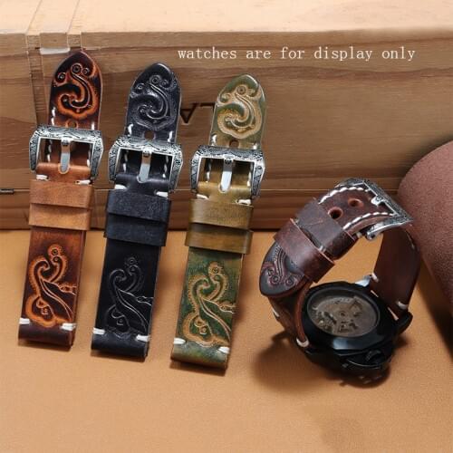 Hand Made Retro Carved Genuine Leather Watchband 18 20 22 24mm Black Red Bracelet Replacement Strap For Mens Watch Accessories