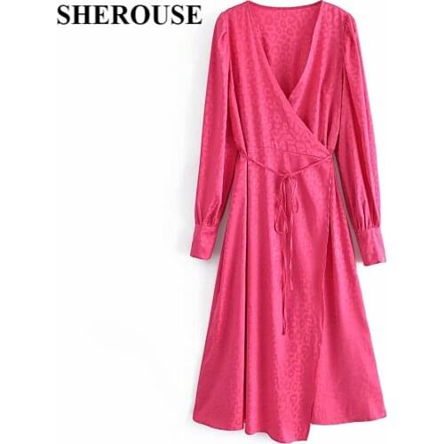 SHEROUSE 2021 Women Fashion Lace up Jacquard Solid Midi Dress V-Neck Long Puff Sleeve Vintage Female Dresses Woman Robe Femme