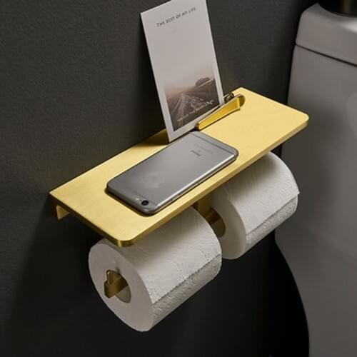 Solid Aluminun Brushed Gold Toilet Paper Holder Phone Shelf Matt Black Storage Rack Wall Mounted Bathroom Dual Roll Paper Holder