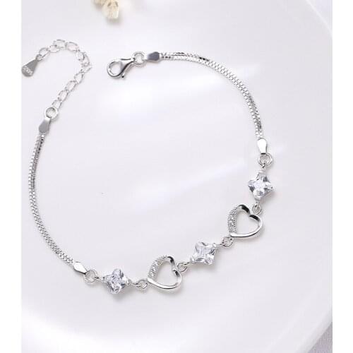 Heart Purple/Clear Cubic Zirconia 925 Sterling Silver Bracelet for Women Box Chain Korean Bracelets Girl Fine Jewelry YBR142
