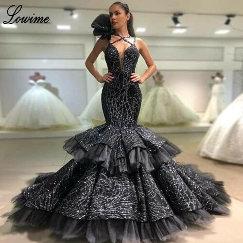 High Fashion Sparkly Black Prom Dresses 2019 Long Mermaid Crystals Sleeveless Tiered Evening Party Gowns Special Couture