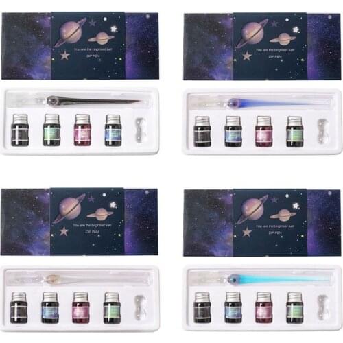 W3JD 1Set Planet Theme Dip Pen 4 Color Ink Kit Glass Pen Signiture Painting Pen Student Stationery Writing Supplies Gifts