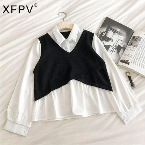XFPV 2021 New Spring Summer Fashion Casual Long Sleeve Asymmetric Fake Two Loose Long Sleeve Round Neck Shirt Women SJ248